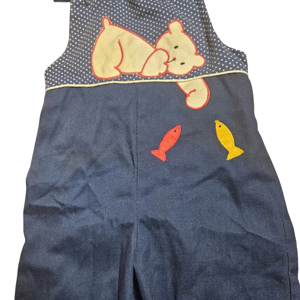 Vintage By Thomas‎ Bear Fish Applique Jumpsuit Overall Kids Size 3 Poly Cotton